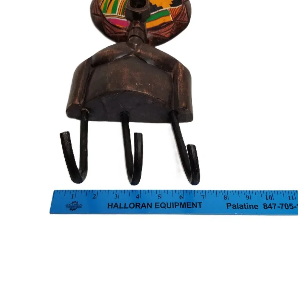 African Wood Mask Wall Hook Colorful Tribal Decor Handcarved Bohemian